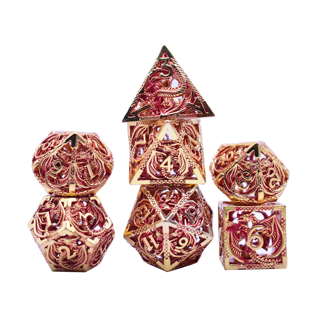 Hollow Flying Dragon Metal 7 Dice Set (Red and Gold)