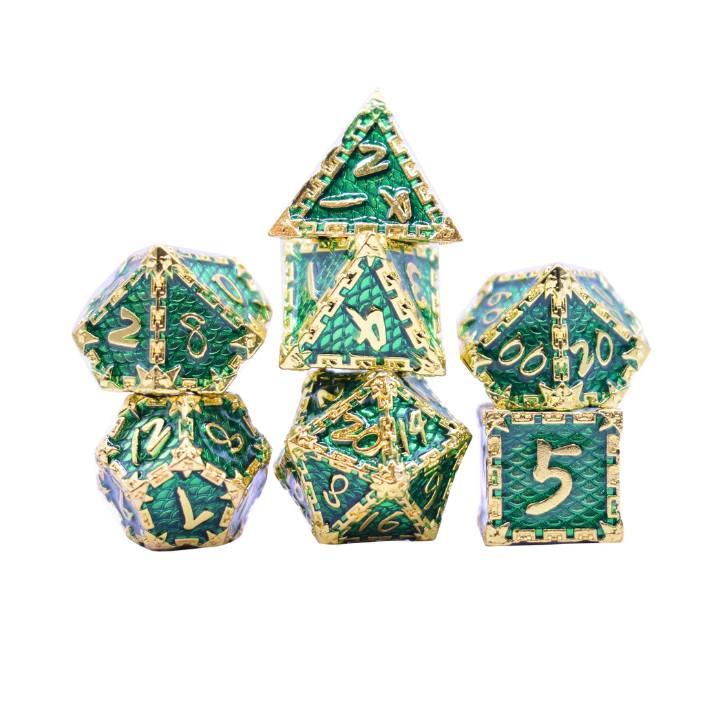 Dragon Scale Metal 7 Dice Set (Green and Gold)