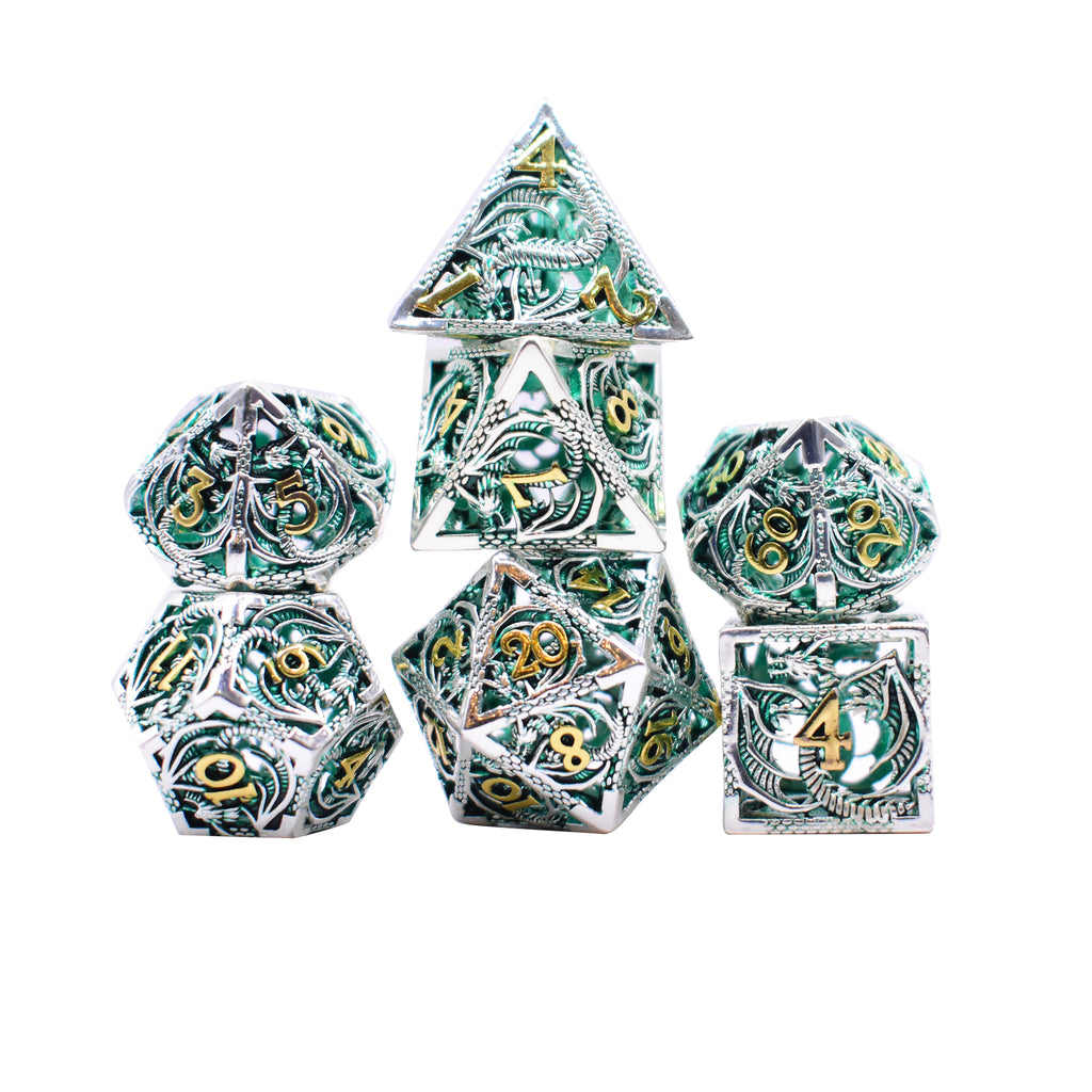 Hollow Flying Dragon Metal 7 Dice Set (Green and Silver)