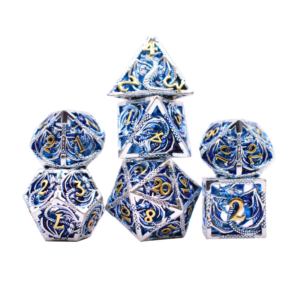 Hollow Flying Dragon Metal 7 Dice Set (Blue and Silver)