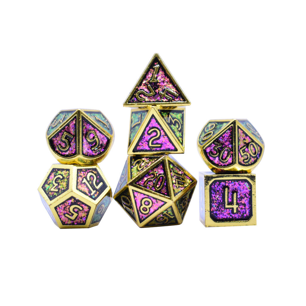 Mineral Inlay Dice 7 Dice Set (Violet, Green and Gold)