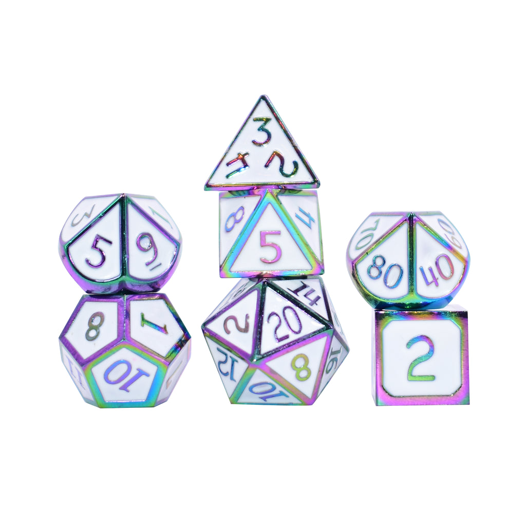 Enamel Inlay Dice 7 Dice Set (White and Rainbow)