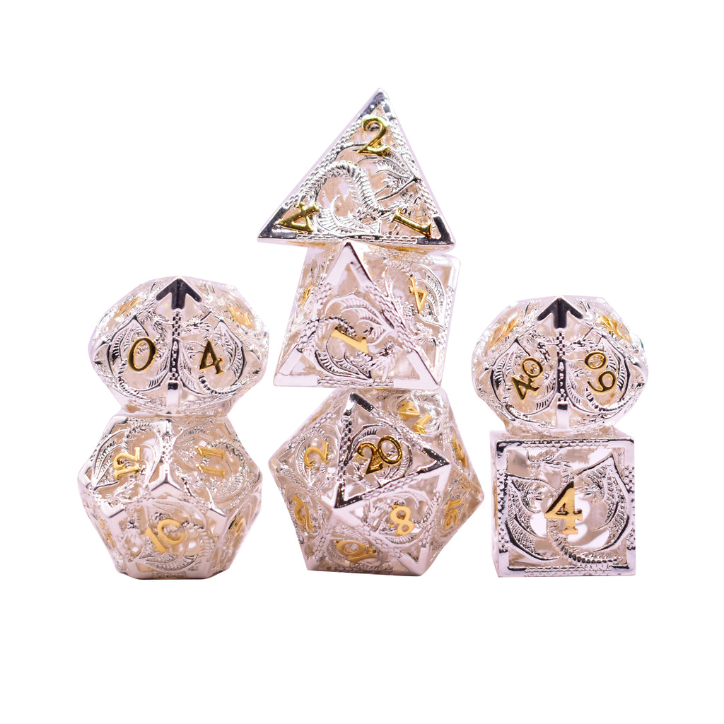 Hollow Flying Dragon Metal 7 Dice Set (White and Gold)