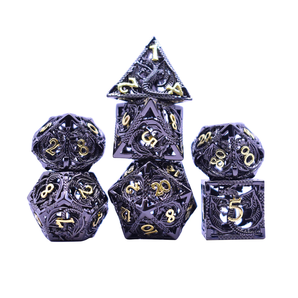 Hollow Flying Dragon Metal 7 Dice Set (Black and Gold)