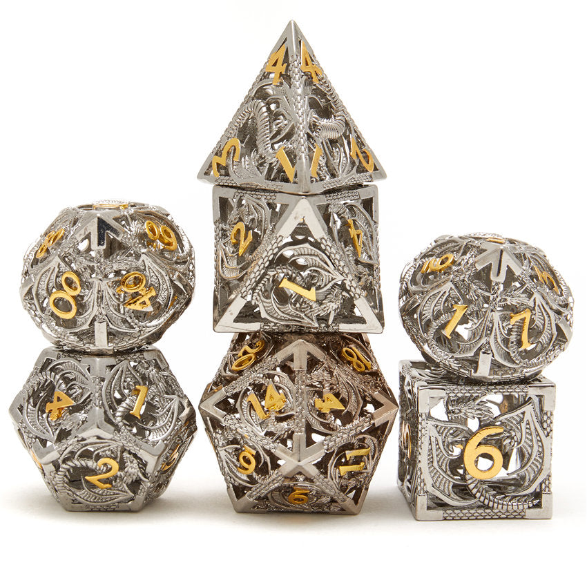 Hollow Flying Dragon Metal 7 Dice Set (Silver and Gold)