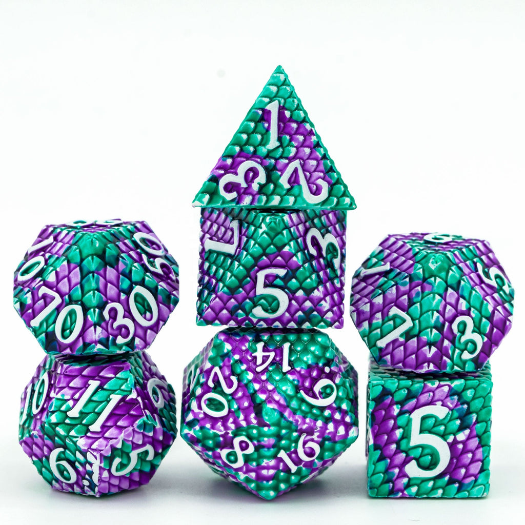 Dragon Scales Two Tone Metal 7 Dice Set (Purple and Cyan)