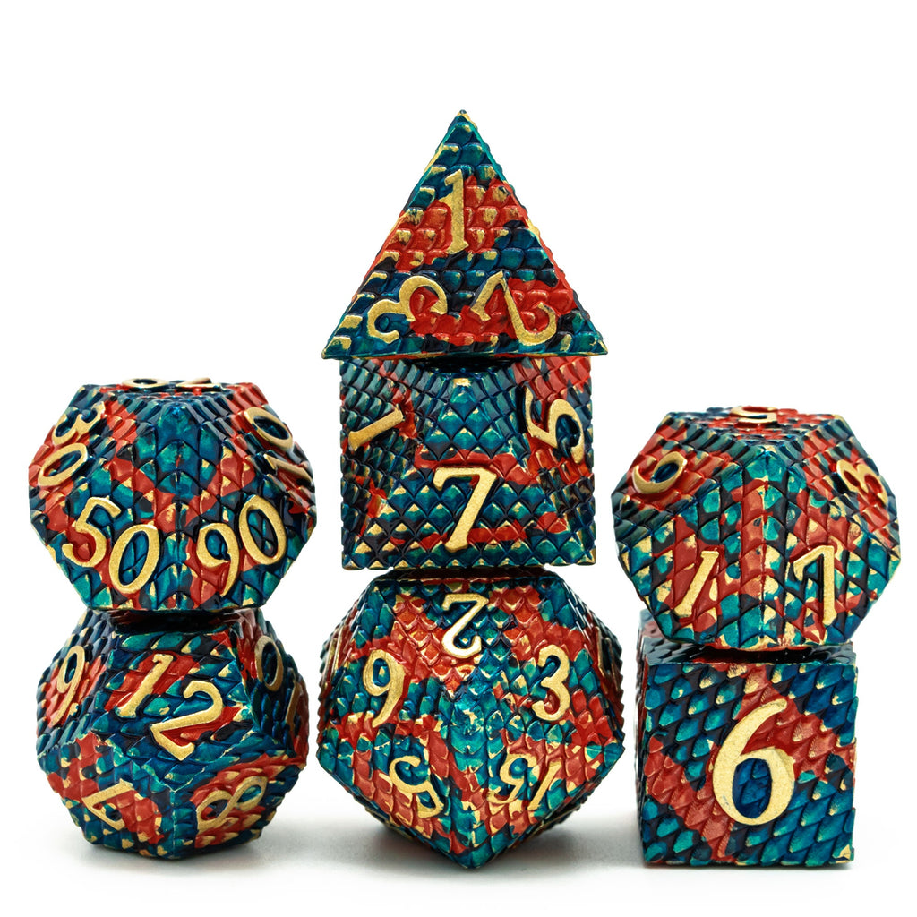 Dragon Scales Two Tone Metal 7 Dice Set (Red and Blue)