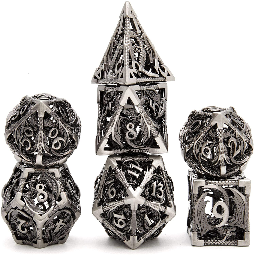 Hollow Flying Dragon Metal 7 Dice Set (Silver)